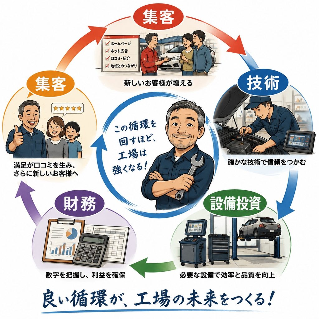 集客・技術・設備投資・財務 4つの歯車